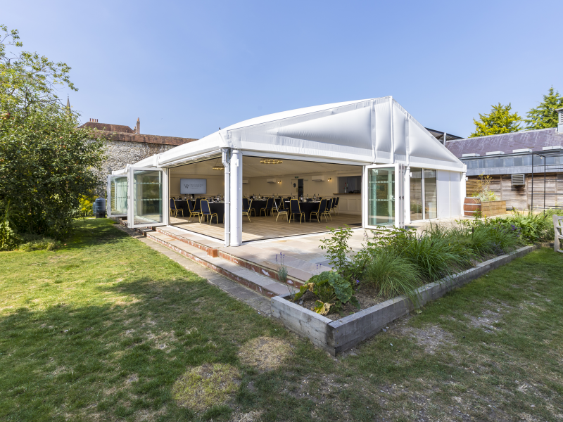 Marquee with double glazing and doors